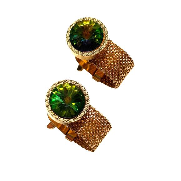 Gold wrap Cufflinks Rivoli style watermelon green & pink stones vintage 1970s - Picture 8 of 8